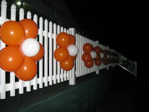 Clusters of orange and white balloons are attached to a white picket fence at night.